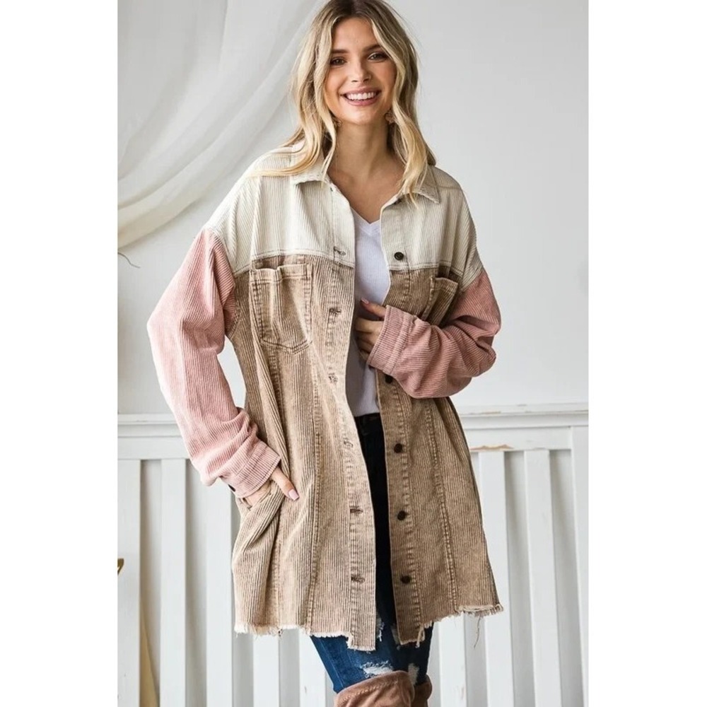 Oli & Hali Corduroy Colorblock Distressed Shacket Women's S Boho Oversized